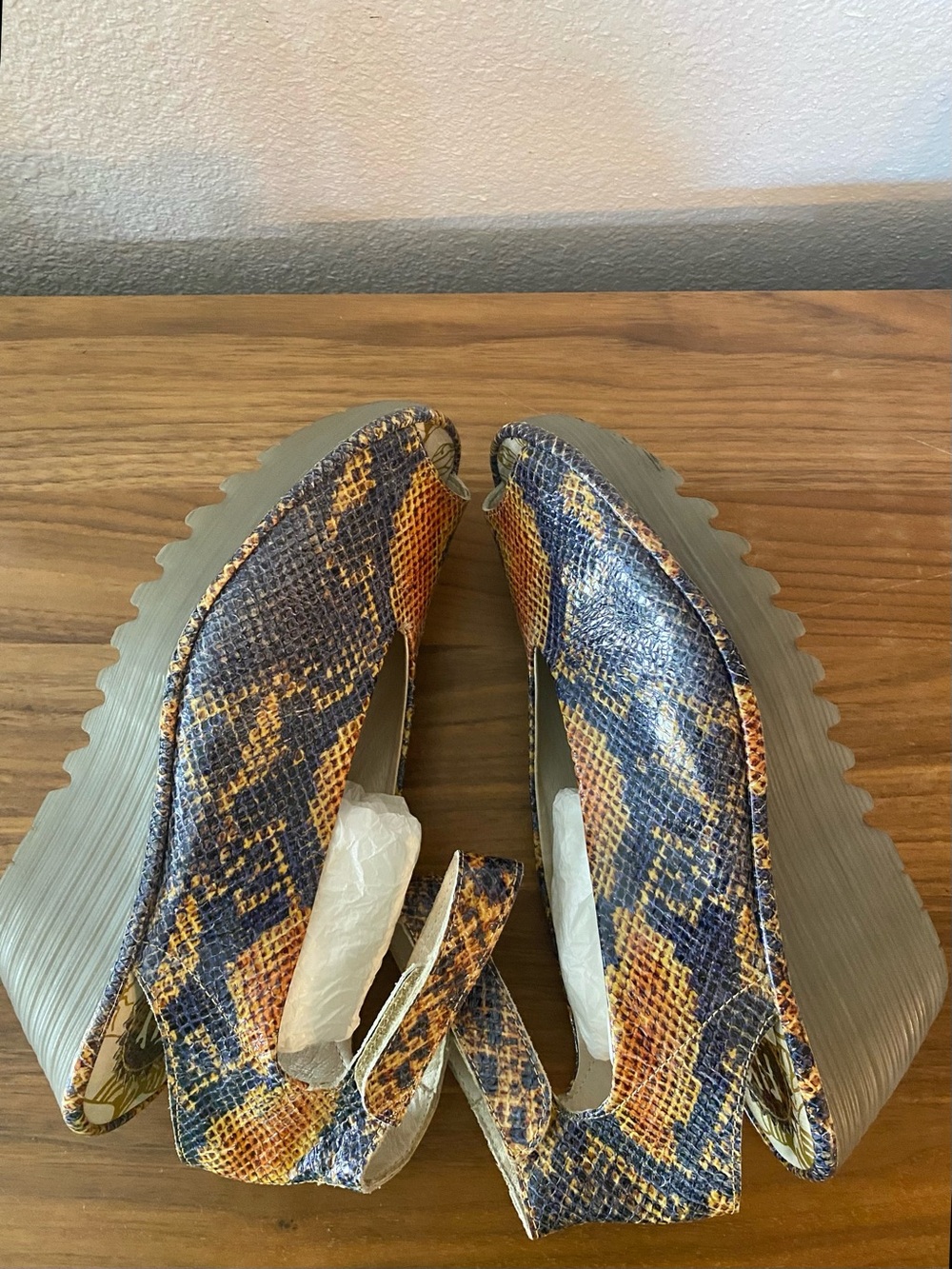 Fly London Yala Snakeskin Leather Wedge Heel Ankle Strap Sandals Charcoal Tan 10 - Picture 8 of 12
